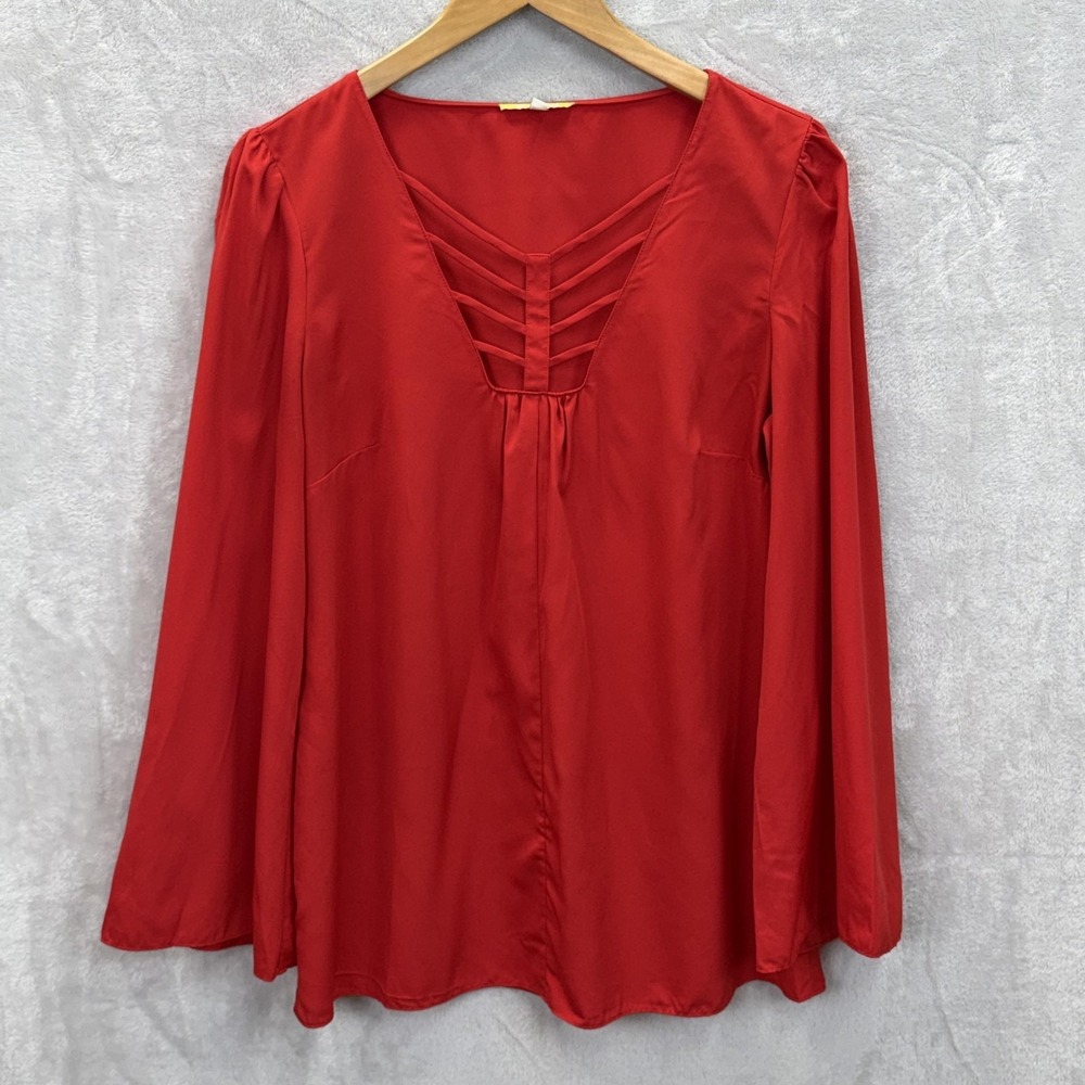 Gianni Bini Shirt Womens L Red Tunic V-Neck Flared Sleeve Blouse Top Relaxed Fit